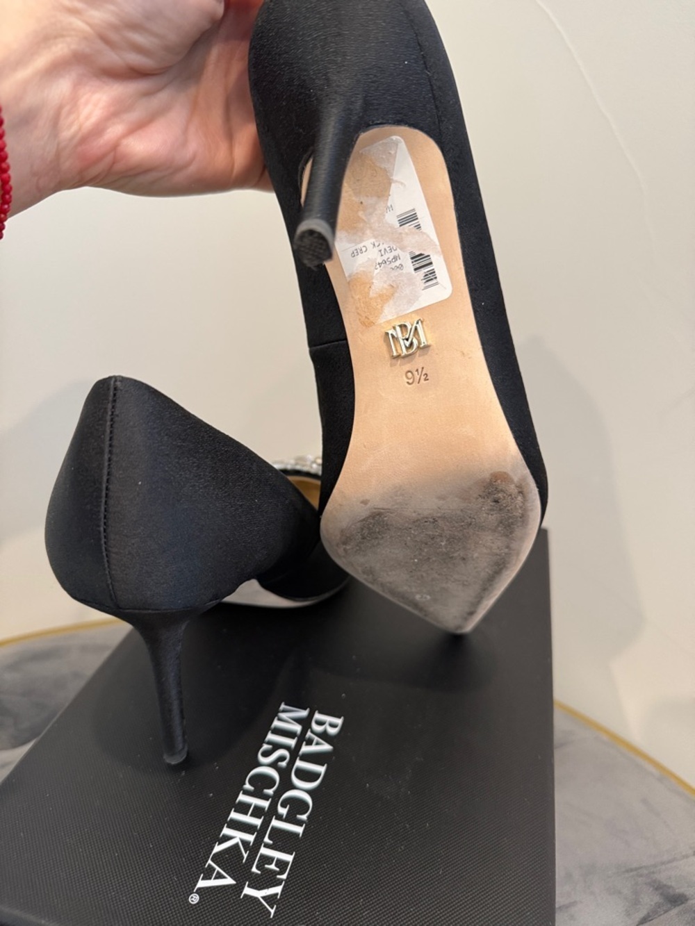 Badgley Mischka Devi Black Satin Pointed Pumps with Crystal Square Buckle - Picture 6 of 8